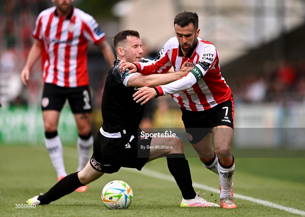 6 September 2026; Michael Duffy of Derry City in action against Bobby Burns of Dundalk during the Club Orange Men’s FAI Cup quarter-final match between Derry City and Dundalk at The Ryan McBride Brandywell Stadium in Derry. Photo by Ben McShane/Sportsfile