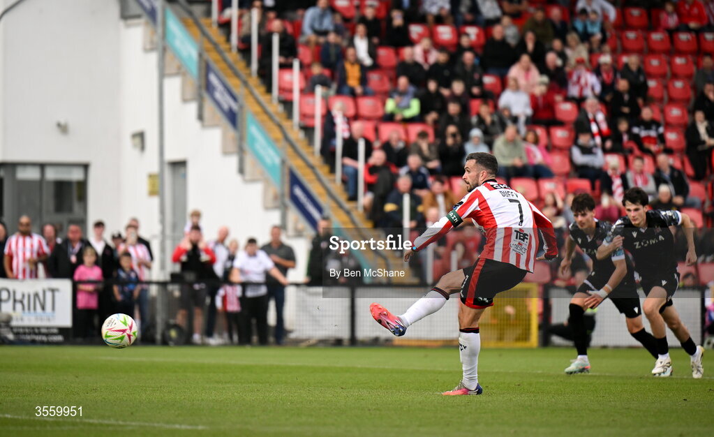 6 September 2026; Michael Duffy of Derry City scores his side's second goal, a penalty, during the Club Orange Men’s FAI Cup quarter-final match between Derry City and Dundalk at The Ryan McBride Brandywell Stadium in Derry. Photo by Ben McShane/Sportsfile