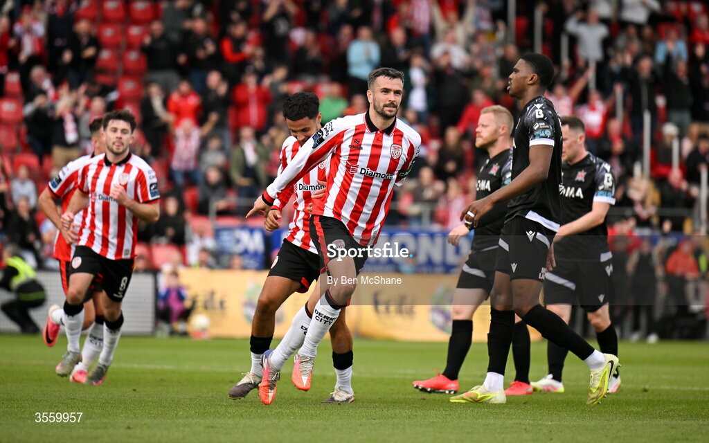 6 September 2026; Michael Duffy of Derry City celebrates after scoring his side's second goal, a penalty, during the Club Orange Men’s FAI Cup quarter-final match between Derry City and Dundalk at The Ryan McBride Brandywell Stadium in Derry. Photo by Ben McShane/Sportsfile