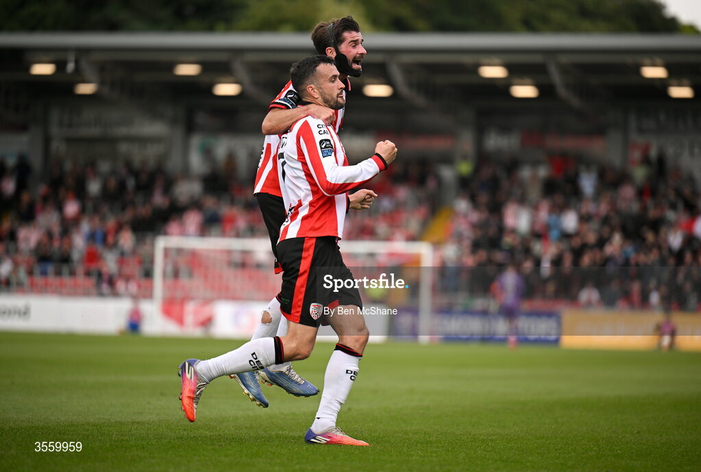 6 September 2026; Michael Duffy of Derry City celebrates with teammate Brandon Fleming, behind, after scoring their side's second goal, a penalty, during the Club Orange Men’s FAI Cup quarter-final match between Derry City and Dundalk at The Ryan McBride Brandywell Stadium in Derry. Photo by Ben McShane/Sportsfile