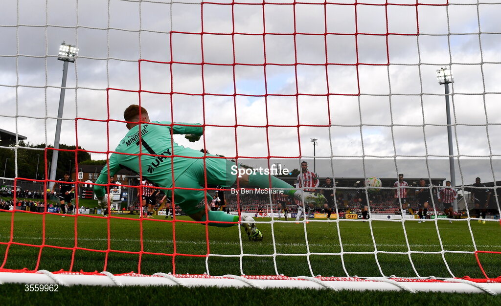6 September 2026; Dundalk goalkeeper Enda Minogue is beaten by the penalty of Michael Duffy of Derry City to concede a second goal during the Club Orange Men’s FAI Cup quarter-final match between Derry City and Dundalk at The Ryan McBride Brandywell Stadium in Derry. Photo by Ben McShane/Sportsfile