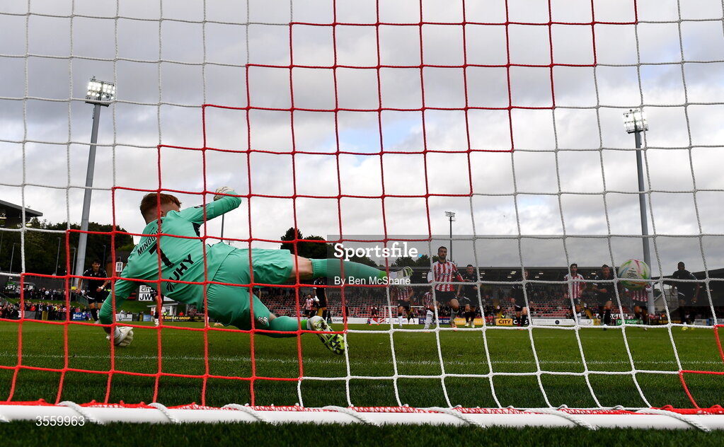 6 September 2026; Dundalk goalkeeper Enda Minogue is beaten by the penalty of Michael Duffy of Derry City to concede a second goal during the Club Orange Men’s FAI Cup quarter-final match between Derry City and Dundalk at The Ryan McBride Brandywell Stadium in Derry. Photo by Ben McShane/Sportsfile