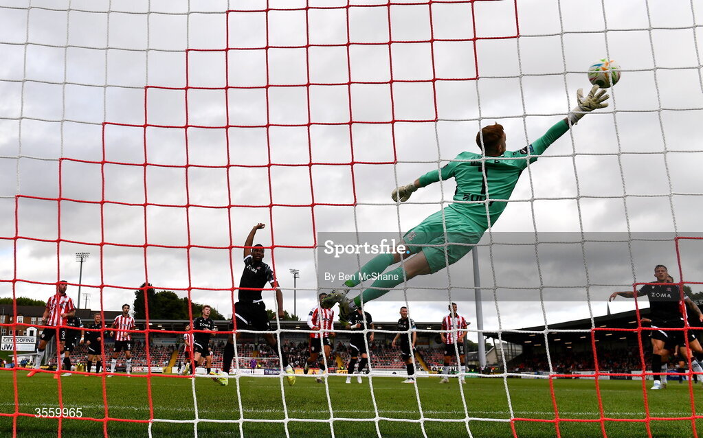 6 September 2026; Dundalk goalkeeper Enda Minogue is beat by the header of Patrick McClean of Derry City to concede their first goal during the Club Orange Men’s FAI Cup quarter-final match between Derry City and Dundalk at The Ryan McBride Brandywell Stadium in Derry. Photo by Ben McShane/Sportsfile