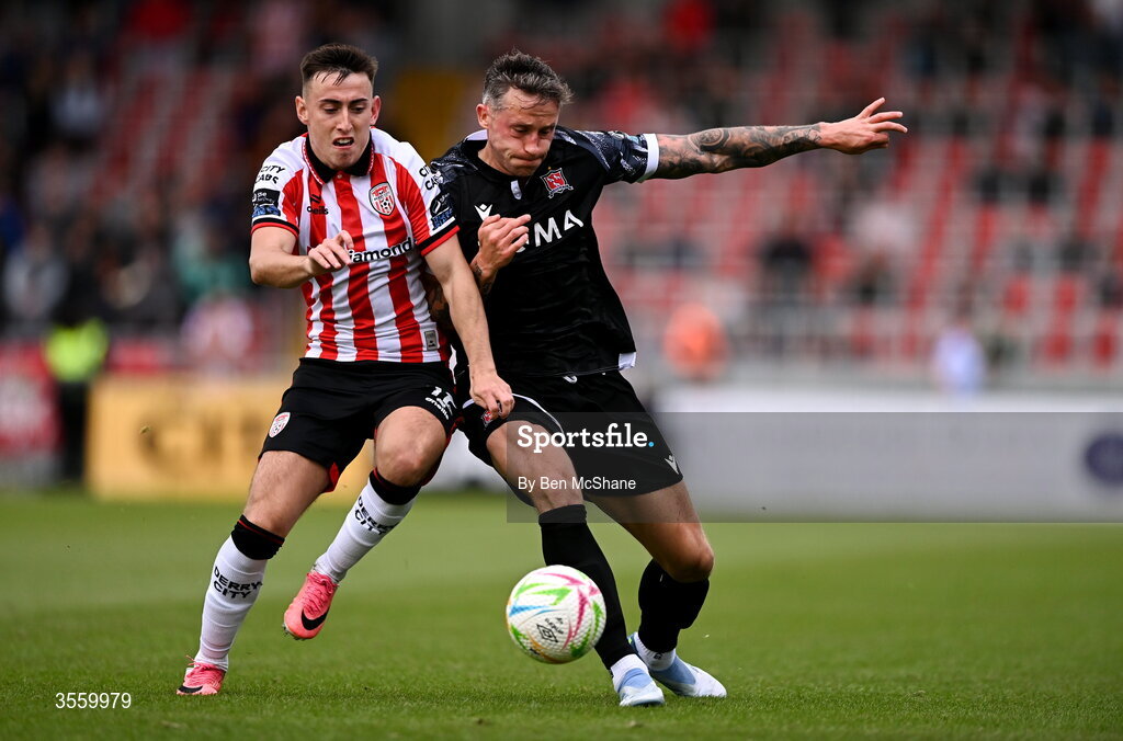6 September 2026; Rob Cornwall of Dundalk in action against Darragh Burns of Derry City during the Club Orange Men’s FAI Cup quarter-final match between Derry City and Dundalk at The Ryan McBride Brandywell Stadium in Derry. Photo by Ben McShane/Sportsfile