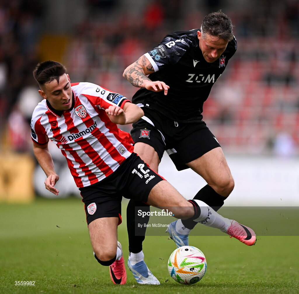 6 September 2026; Rob Cornwall of Dundalk in action against Darragh Burns of Derry City during the Club Orange Men’s FAI Cup quarter-final match between Derry City and Dundalk at The Ryan McBride Brandywell Stadium in Derry. Photo by Ben McShane/Sportsfile