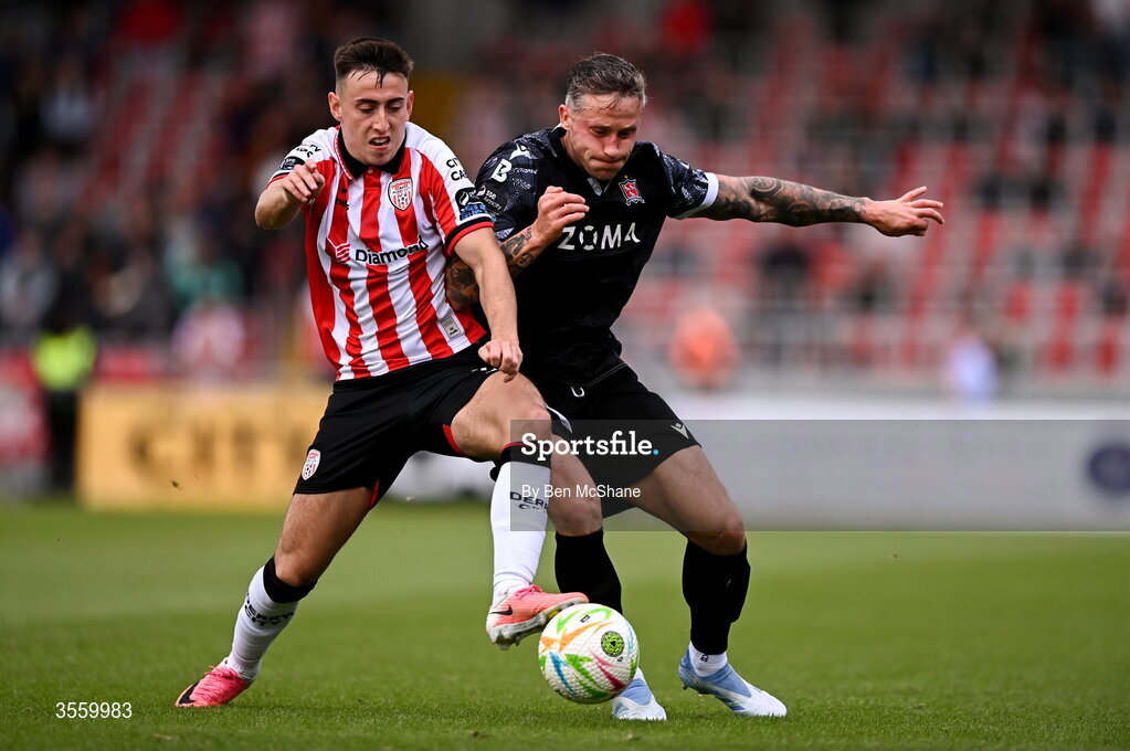 6 September 2026; Rob Cornwall of Dundalk in action against Darragh Burns of Derry City during the Club Orange Men’s FAI Cup quarter-final match between Derry City and Dundalk at The Ryan McBride Brandywell Stadium in Derry. Photo by Ben McShane/Sportsfile