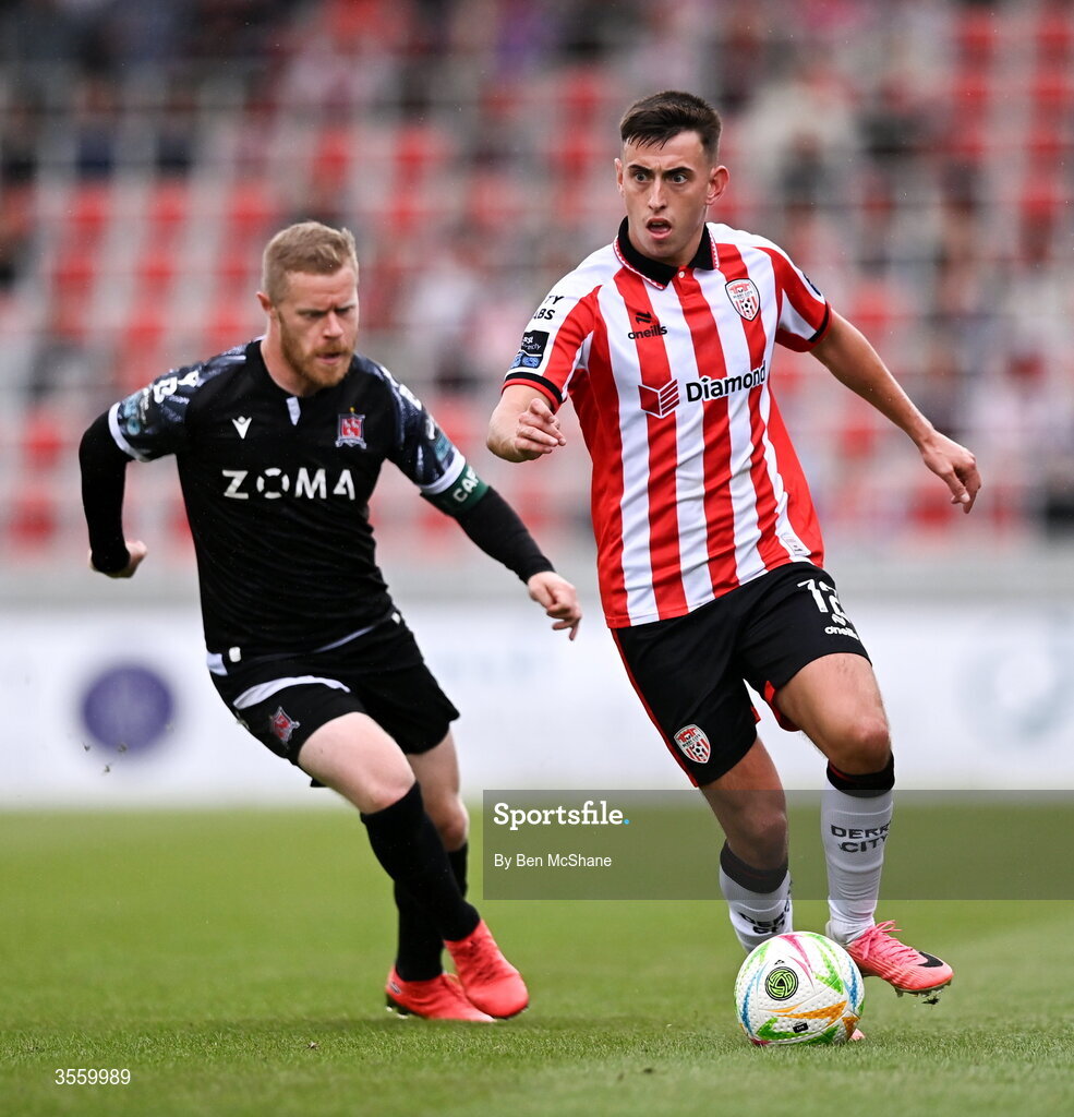 6 September 2026; Darragh Burns of Derry City in action against Daryl Horgan of Dundalk during the Club Orange Men’s FAI Cup quarter-final match between Derry City and Dundalk at The Ryan McBride Brandywell Stadium in Derry. Photo by Ben McShane/Sportsfile