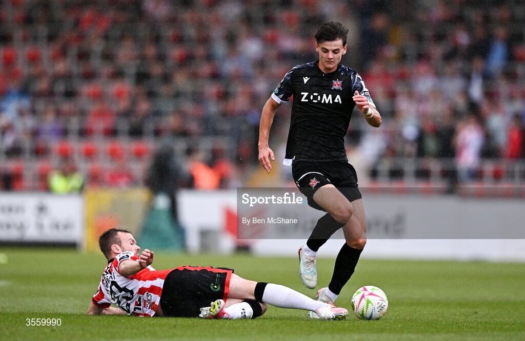 6 September 2026; Egor Vassenin of Dundalk is tackled by Cameron Dummigan of Derry City during the Club Orange Men’s FAI Cup quarter-final match between Derry City and Dundalk at The Ryan McBride Brandywell Stadium in Derry. Photo by Ben McShane/Sportsfile