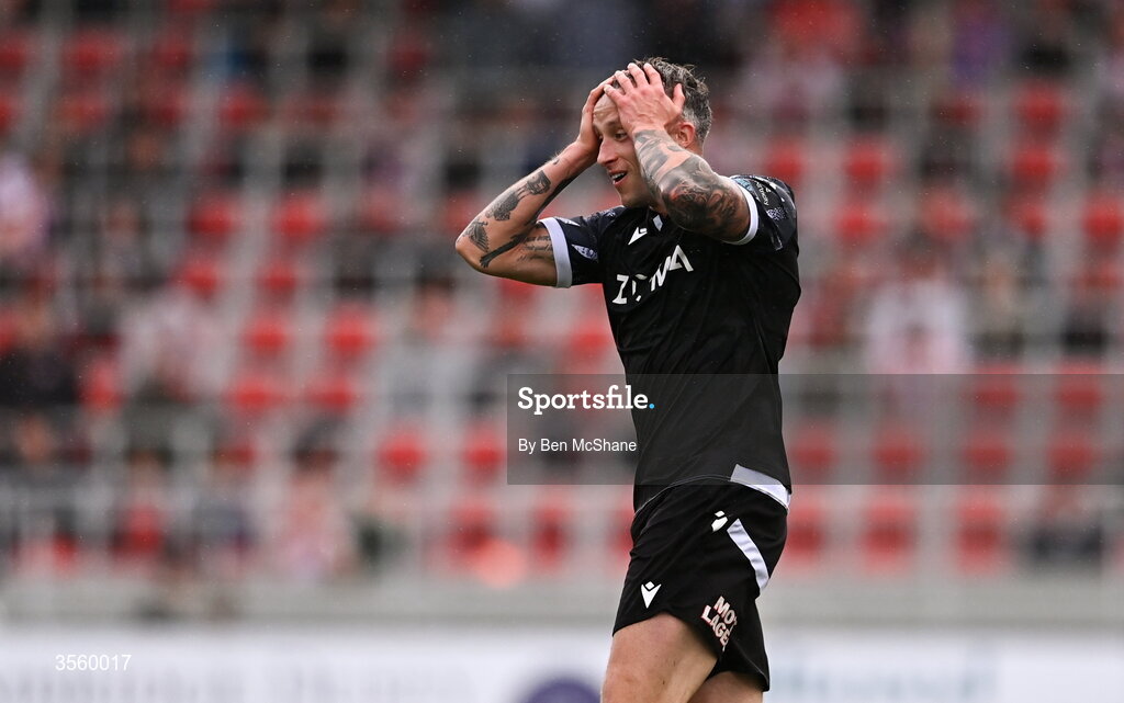 6 September 2026; Rob Cornwall of Dundalk reacts during the Club Orange Men’s FAI Cup quarter-final match between Derry City and Dundalk at The Ryan McBride Brandywell Stadium in Derry. Photo by Ben McShane/Sportsfile