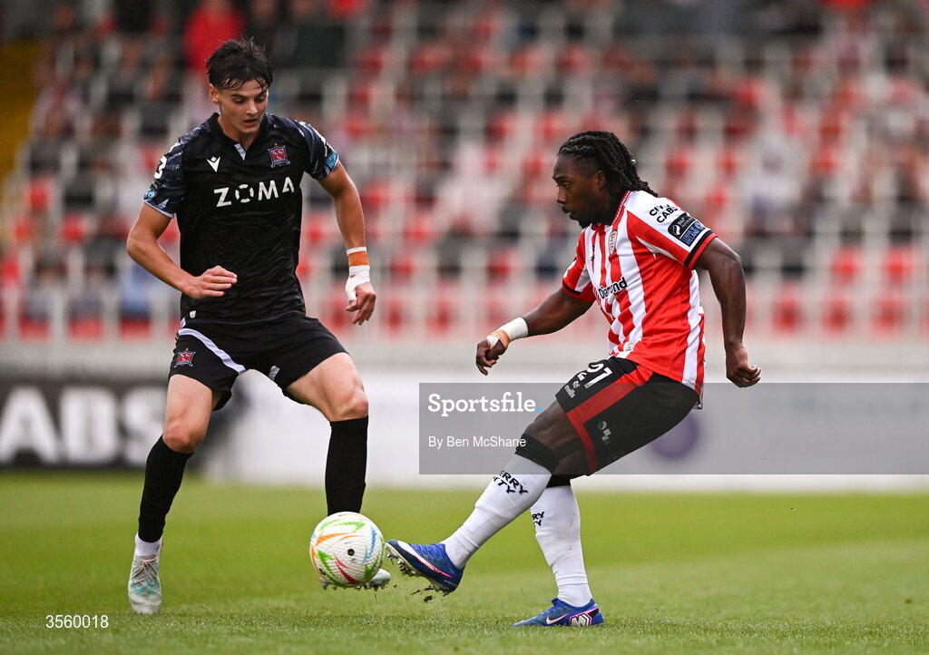 6 September 2026; Kevin dos Santos of Derry City in action against Egor Vassenin of Dundalk during the Club Orange Men’s FAI Cup quarter-final match between Derry City and Dundalk at The Ryan McBride Brandywell Stadium in Derry. Photo by Ben McShane/Sportsfile