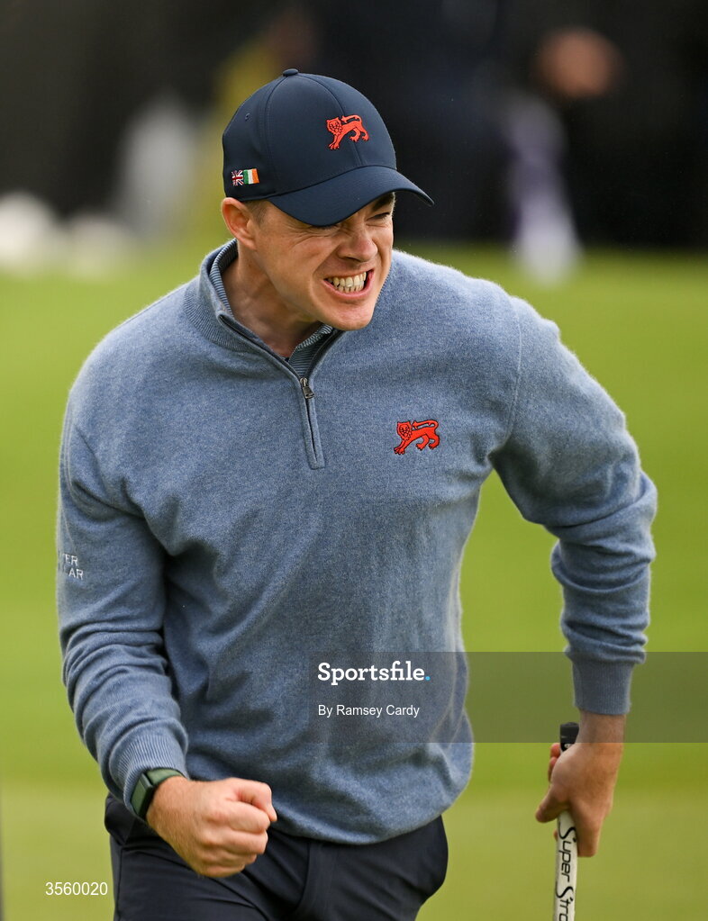 6 September 2026; Stuart Grehan of Great Britain and Ireland celebrates on the 10th green during the singles matches on day two of the 51st Walker Cup at Lahinch Golf Club in Lahinch, Clare. Photo by Ramsey Cardy/Sportsfile