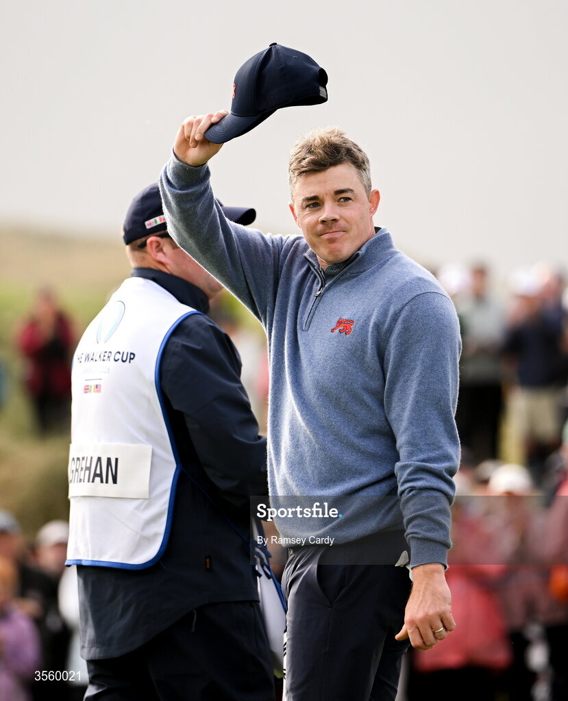 6 September 2026; Stuart Grehan of Great Britain and Ireland celebrates winning his singles matches on day two of the 51st Walker Cup at Lahinch Golf Club in Lahinch, Clare. Photo by Ramsey Cardy/Sportsfile