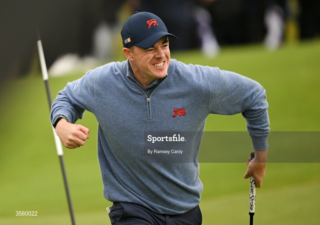 6 September 2026; Stuart Grehan of Great Britain and Ireland celebrates on the 10th green during the singles matches on day two of the 51st Walker Cup at Lahinch Golf Club in Lahinch, Clare. Photo by Ramsey Cardy/Sportsfile