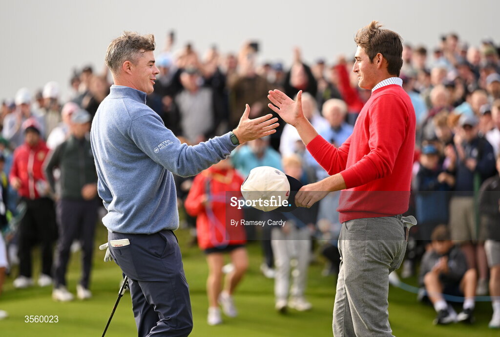 6 September 2026; Stuart Grehan of Great Britain and Ireland and Preston Stout of USA after their singles matches on day two of the 51st Walker Cup at Lahinch Golf Club in Lahinch, Clare. Photo by Ramsey Cardy/Sportsfile