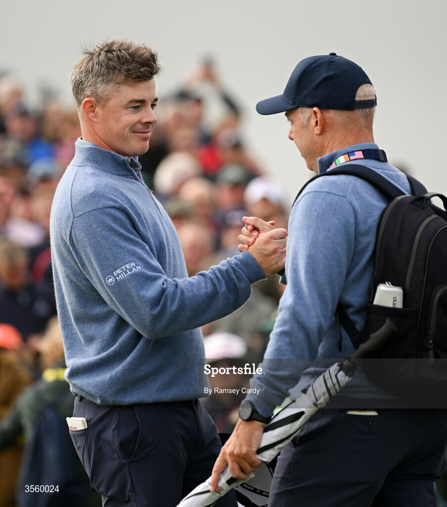 6 September 2026; Stuart Grehan of Great Britain and Ireland celebrates with Great Britain and Ireland captain Dean Robertson after the singles matches on day two of the 51st Walker Cup at Lahinch Golf Club in Lahinch, Clare. Photo by Ramsey Cardy/Sportsfile
