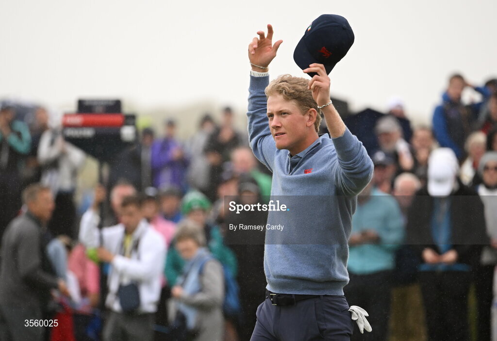 6 September 2026; Luke Poulter of Great Britain and Ireland celebrates winning his singles match on day two of the 51st Walker Cup at Lahinch Golf Club in Lahinch, Clare. Photo by Ramsey Cardy/Sportsfile