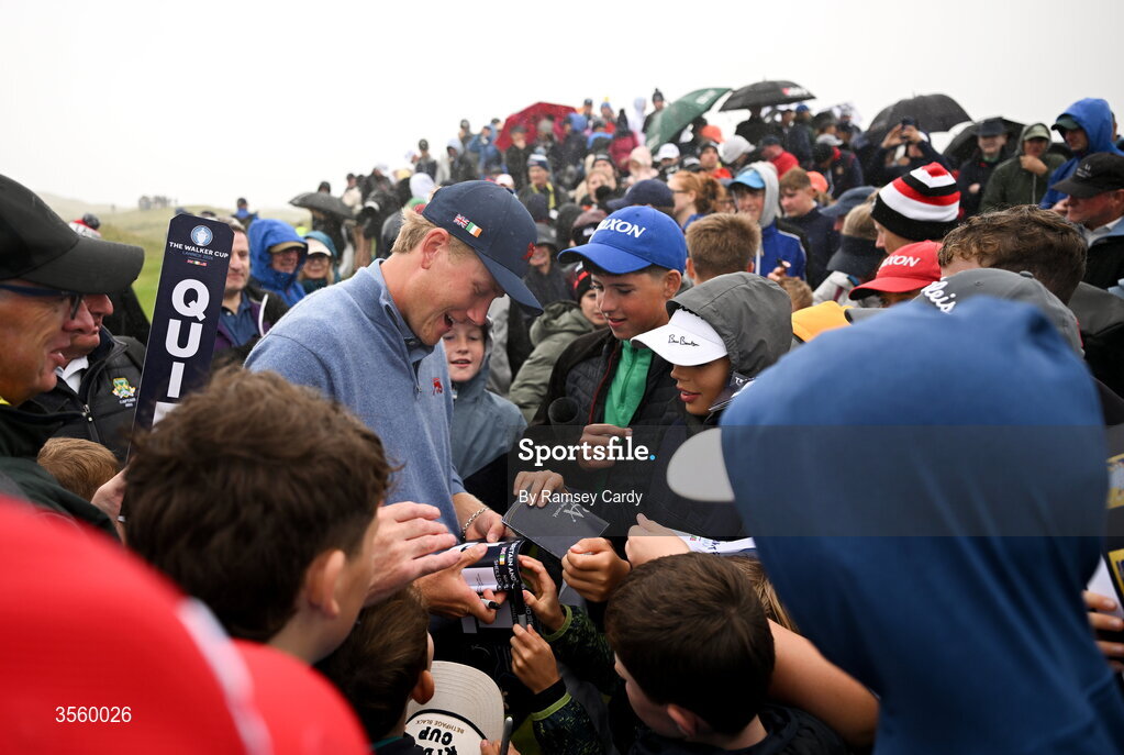 6 September 2026; Luke Poulter of Great Britain and Ireland signs autographs after the singles matches on day two of the 51st Walker Cup at Lahinch Golf Club in Lahinch, Clare. Photo by Ramsey Cardy/Sportsfile