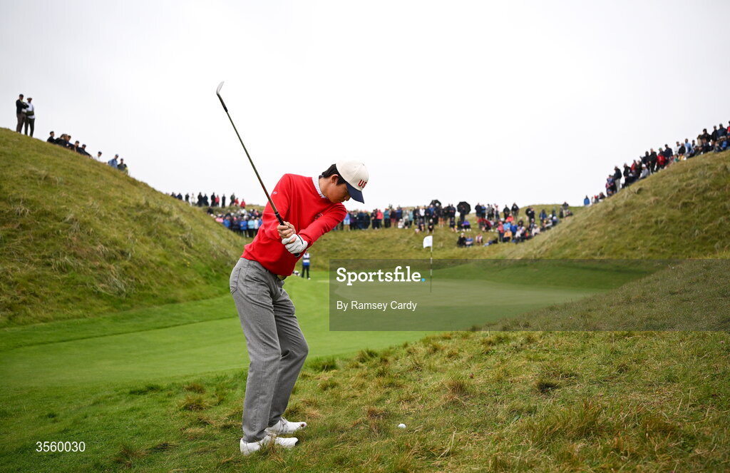 6 September 2026; Jay Leng Jr of USA chips onto the fifth green during the singles matches on day two of the 51st Walker Cup at Lahinch Golf Club in Lahinch, Clare. Photo by Ramsey Cardy/Sportsfile