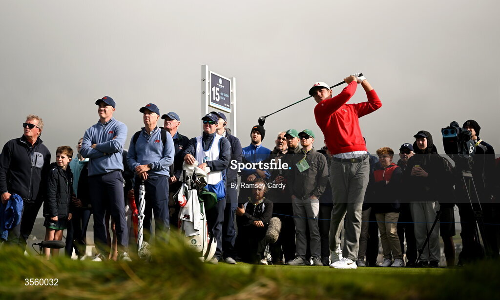 6 September 2026; Preston Stout of USA watches his tee shot on the 15th hole during the singles matches on day two of the 51st Walker Cup at Lahinch Golf Club in Lahinch, Clare. Photo by Ramsey Cardy/Sportsfile