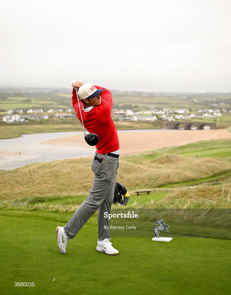 6 September 2026; Preston Stout of USA watches his tee shot on the ninth hole during the singles matches on day two of the 51st Walker Cup at Lahinch Golf Club in Lahinch, Clare. Photo by Ramsey Cardy/Sportsfile