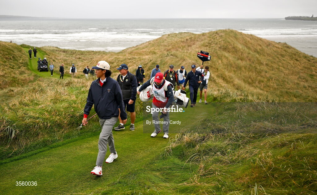 6 September 2026; Ethan Fang of USA makes his way to the 8th green during the singles matches on day two of the 51st Walker Cup at Lahinch Golf Club in Lahinch, Clare. Photo by Ramsey Cardy/Sportsfile