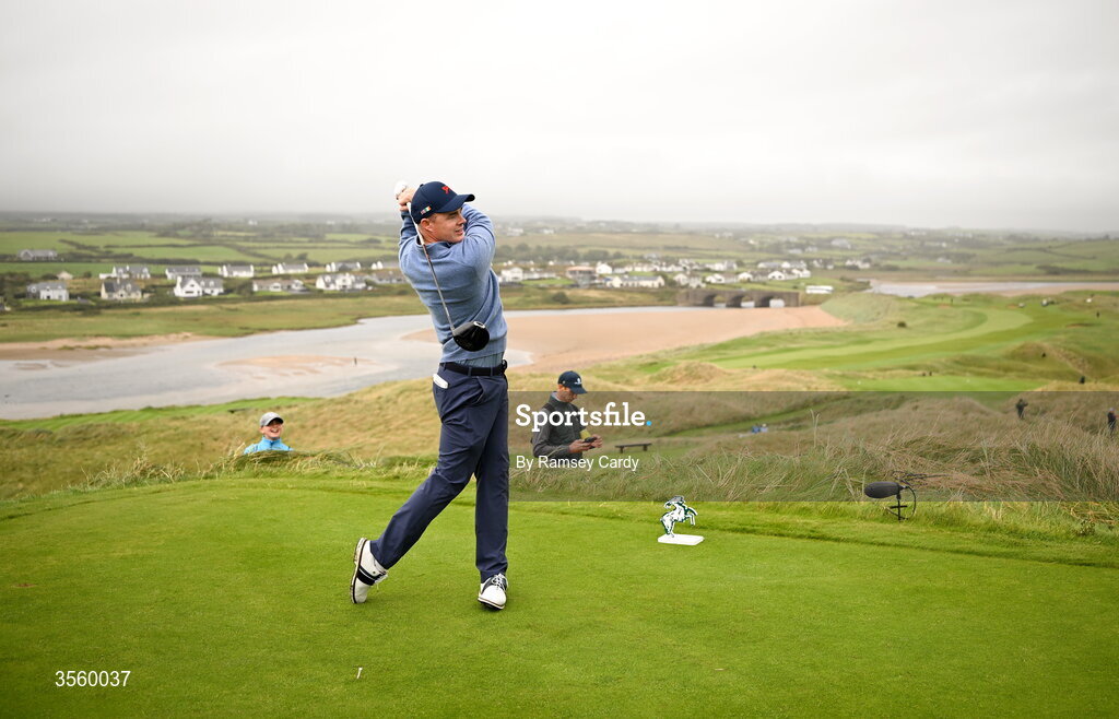6 September 2026; Stuart Grehan of Great Britain and Ireland watches his tee shot on the ninth hole during the singles matches on day two of the 51st Walker Cup at Lahinch Golf Club in Lahinch, Clare. Photo by Ramsey Cardy/Sportsfile