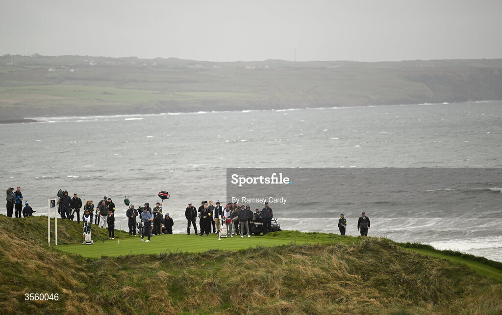 6 September 2026; Luke Poulter of Great Britain and Ireland plays his tee shot on the 8th hole during the singles matches on day two of the 51st Walker Cup at Lahinch Golf Club in Lahinch, Clare. Photo by Ramsey Cardy/Sportsfile