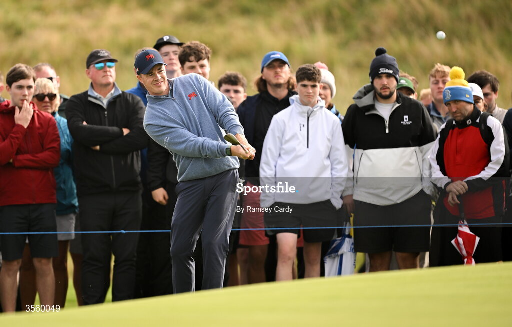 6 September 2026; Stuart Grehan of Great Britain and Ireland chips onto the 15th green during the singles matches on day two of the 51st Walker Cup at Lahinch Golf Club in Lahinch, Clare. Photo by Ramsey Cardy/Sportsfile
