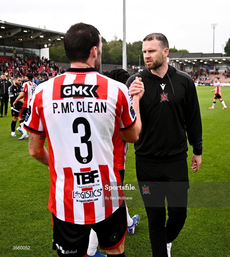 6 September 2026; Dundalk manager Ciaran Kilduff with Patrick McClean of Derry City after the Club Orange Men’s FAI Cup quarter-final match between Derry City and Dundalk at The Ryan McBride Brandywell Stadium in Derry. Photo by Ben McShane/Sportsfile
