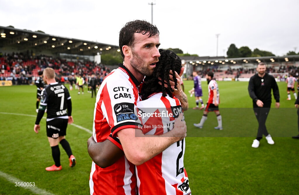 6 September 2026; Patrick McClean, left, and Kevin dos Santos of Derry City celebrate after the Club Orange Men’s FAI Cup quarter-final match between Derry City and Dundalk at The Ryan McBride Brandywell Stadium in Derry. Photo by Ben McShane/Sportsfile