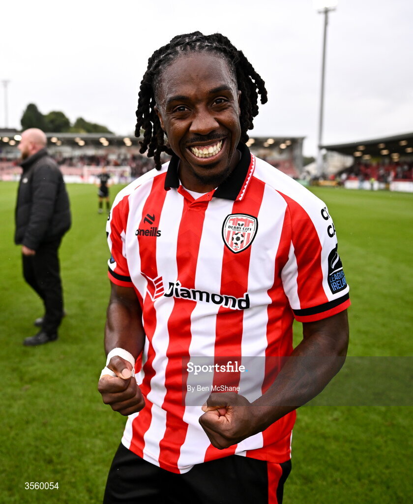 6 September 2026; Kevin dos Santos of Derry City celebrates after the Club Orange Men’s FAI Cup quarter-final match between Derry City and Dundalk at The Ryan McBride Brandywell Stadium in Derry. Photo by Ben McShane/Sportsfile
