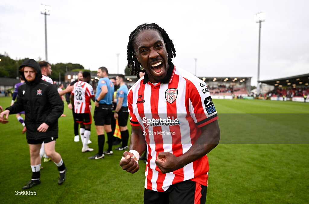 6 September 2026; Kevin dos Santos of Derry City celebrates after the Club Orange Men’s FAI Cup quarter-final match between Derry City and Dundalk at The Ryan McBride Brandywell Stadium in Derry. Photo by Ben McShane/Sportsfile