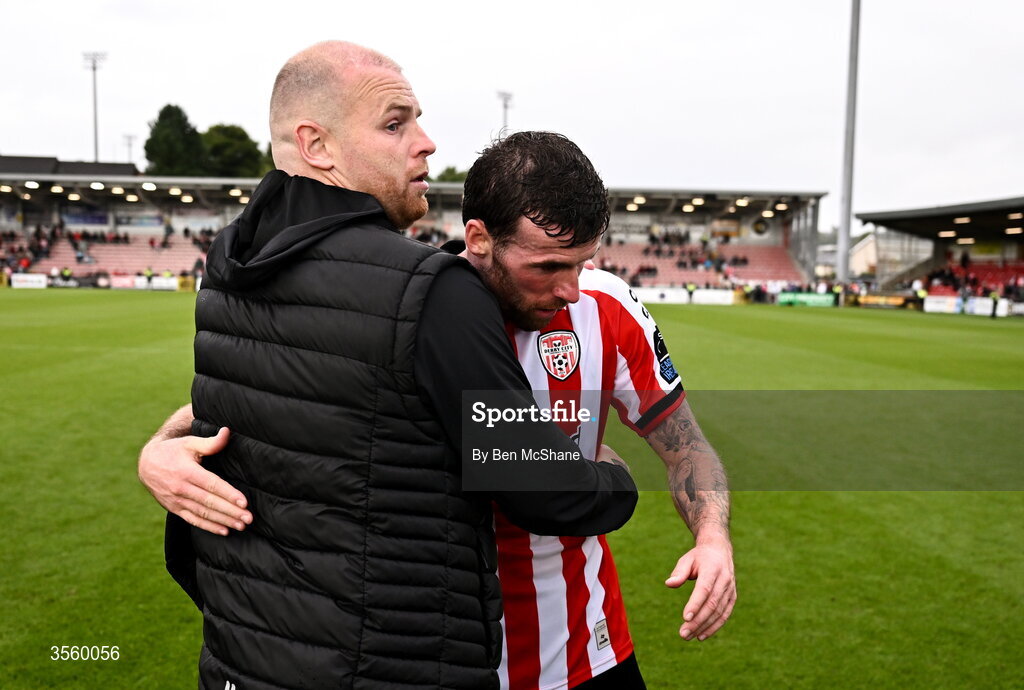 6 September 2026; Derry City interim manager Mark Connolly, left, and Patrick McClean of Derry City celebrate after the Club Orange Men’s FAI Cup quarter-final match between Derry City and Dundalk at The Ryan McBride Brandywell Stadium in Derry. Photo by Ben McShane/Sportsfile