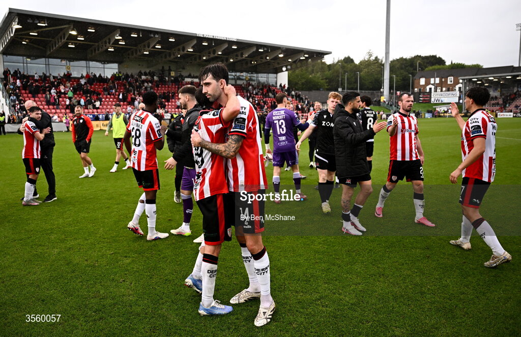 6 September 2026; Ellis Chapman, right, and Brandon Fleming of Derry City celebrate after the Club Orange Men’s FAI Cup quarter-final match between Derry City and Dundalk at The Ryan McBride Brandywell Stadium in Derry. Photo by Ben McShane/Sportsfile
