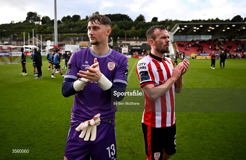 6 September 2026; Derry City goalkeeper Tom Norcott, left, and Cameron Dummigan of Derry City after the Club Orange Men’s FAI Cup quarter-final match between Derry City and Dundalk at The Ryan McBride Brandywell Stadium in Derry. Photo by Ben McShane/Sportsfile