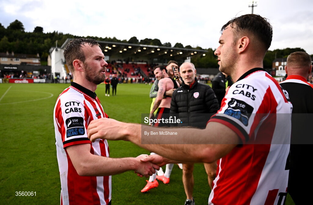6 September 2026; Cameron Dummigan, left, and Jamie Stott of Derry City after the Club Orange Men’s FAI Cup quarter-final match between Derry City and Dundalk at The Ryan McBride Brandywell Stadium in Derry. Photo by Ben McShane/Sportsfile