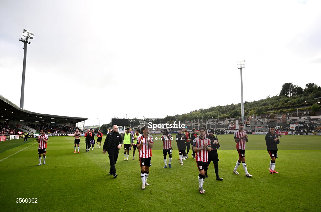 6 September 2026; Derry City players applaud the supporters after the Club Orange Men’s FAI Cup quarter-final match between Derry City and Dundalk at The Ryan McBride Brandywell Stadium in Derry. Photo by Ben McShane/Sportsfile
