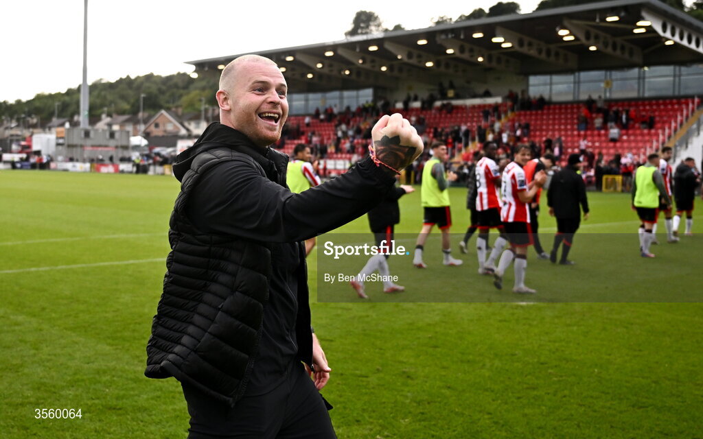 6 September 2026; Derry City interim manager Mark Connolly celebrates after the Club Orange Men’s FAI Cup quarter-final match between Derry City and Dundalk at The Ryan McBride Brandywell Stadium in Derry. Photo by Ben McShane/Sportsfile