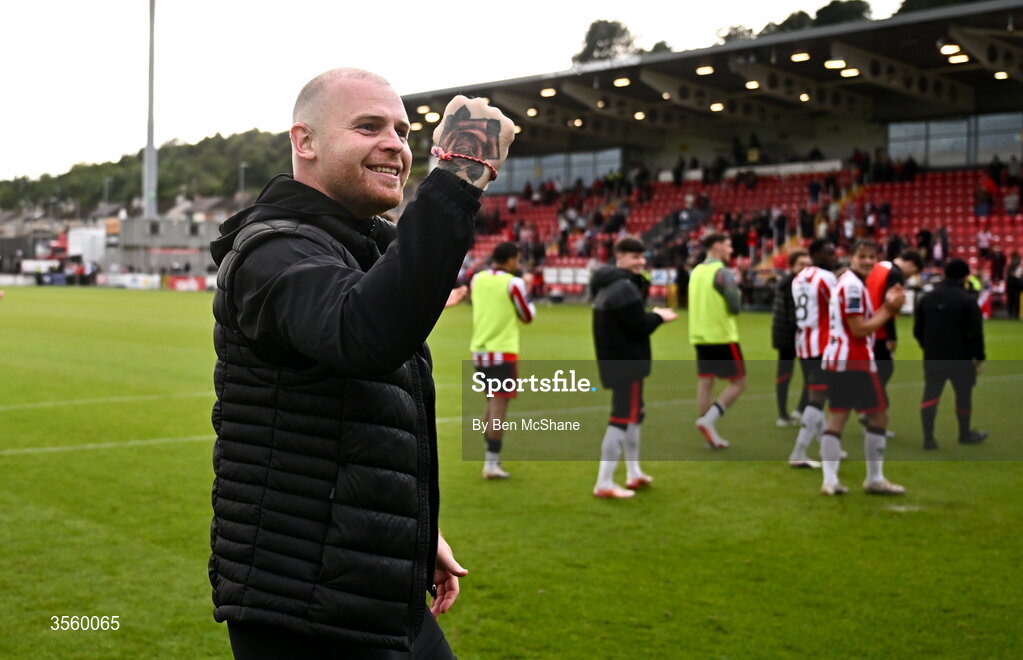6 September 2026; Derry City interim manager Mark Connolly celebrates after the Club Orange Men’s FAI Cup quarter-final match between Derry City and Dundalk at The Ryan McBride Brandywell Stadium in Derry. Photo by Ben McShane/Sportsfile