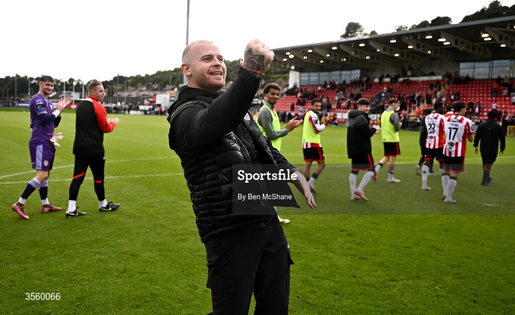 6 September 2026; Derry City interim manager Mark Connolly celebrates after the Club Orange Men’s FAI Cup quarter-final match between Derry City and Dundalk at The Ryan McBride Brandywell Stadium in Derry. Photo by Ben McShane/Sportsfile