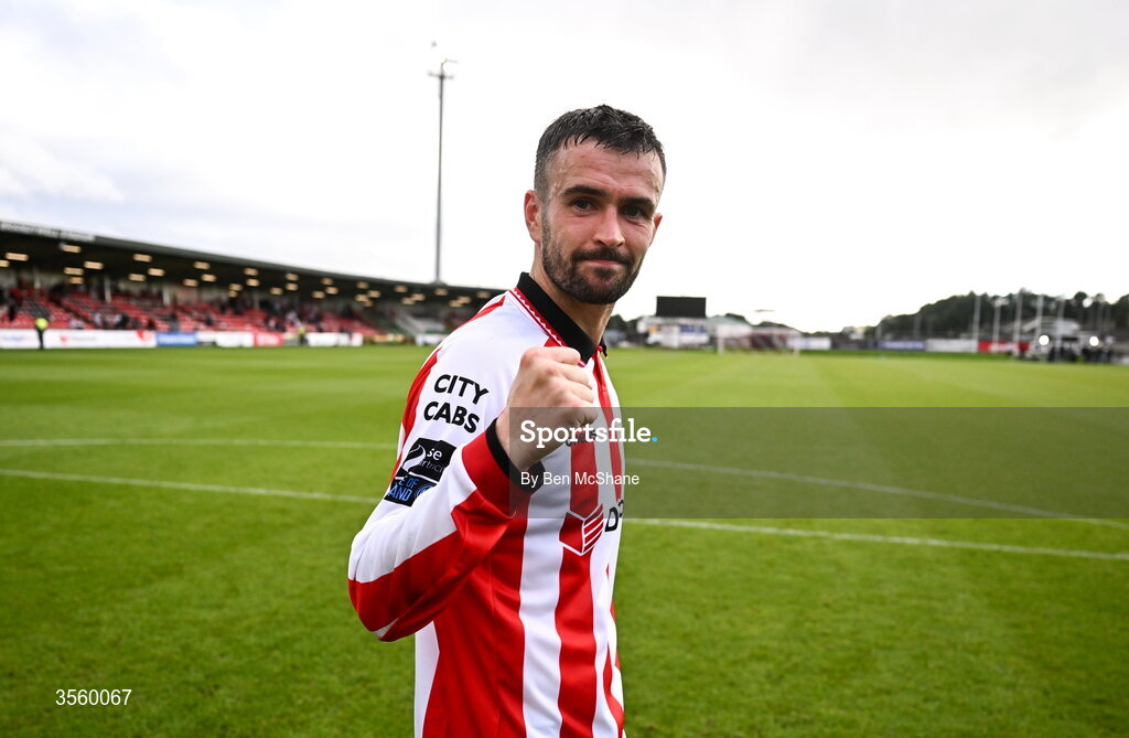 6 September 2026; Michael Duffy of Derry City celebrates after the Club Orange Men’s FAI Cup quarter-final match between Derry City and Dundalk at The Ryan McBride Brandywell Stadium in Derry. Photo by Ben McShane/Sportsfile
