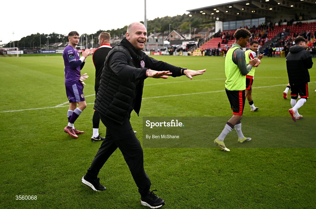 6 September 2026; Derry City interim manager Mark Connolly celebrates after the Club Orange Men’s FAI Cup quarter-final match between Derry City and Dundalk at The Ryan McBride Brandywell Stadium in Derry. Photo by Ben McShane/Sportsfile