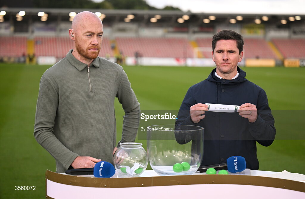 6 September 2026; Former Derry City player Gareth McGlynn, right, draws the name of Waterford in the Club Orange Men’s FAI Cup semi-final draw, in the company of Former Dundalk and current Linfield player Chris Shields, after the Club Orange Men’s FAI Cup quarter-final match between Derry City and Dundalk at The Ryan McBride Brandywell Stadium in Derry. Photo by Ben McShane/Sportsfile