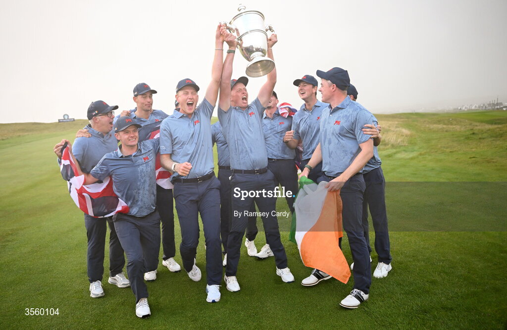 6 September 2026; The Great Britain and Ireland team celebrate with the Walker Cup after day two of the 51st Walker Cup at Lahinch Golf Club in Lahinch, Clare. Photo by Ramsey Cardy/Sportsfile