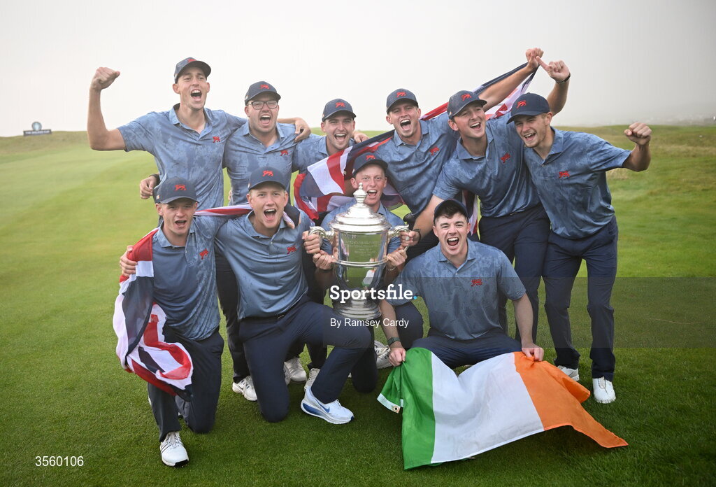 6 September 2026; The Great Britain and Ireland team celebrate with the Walker Cup after day two of the 51st Walker Cup at Lahinch Golf Club in Lahinch, Clare. Photo by Ramsey Cardy/Sportsfile