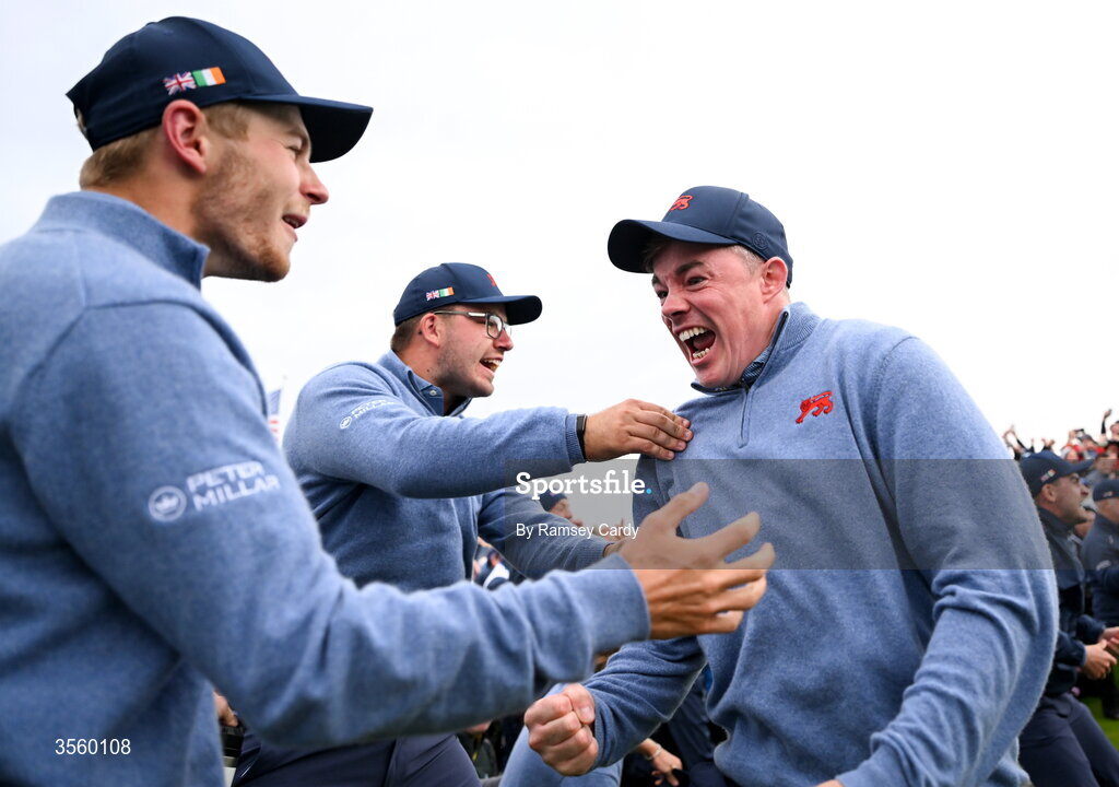 6 September 2026; Stuart Grehan, right, and Connor Graham of Great Britain and Ireland celebrate winning on day two of the 51st Walker Cup at Lahinch Golf Club in Lahinch, Clare. Photo by Ramsey Cardy/Sportsfile