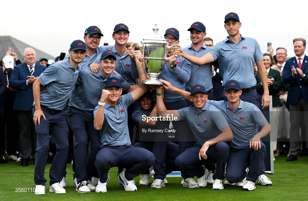 6 September 2026; The Great Britain and Ireland team celebrate with the Walker Cup after day two of the 51st Walker Cup at Lahinch Golf Club in Lahinch, Clare. Photo by Ramsey Cardy/Sportsfile
