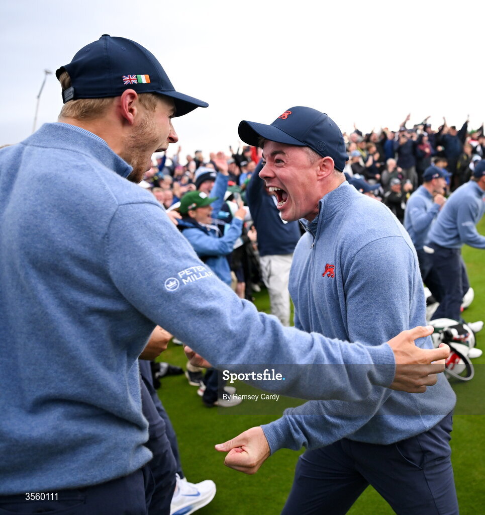 6 September 2026; Stuart Grehan, right, and Connor Graham of Great Britain and Ireland celebrate winning on day two of the 51st Walker Cup at Lahinch Golf Club in Lahinch, Clare. Photo by Ramsey Cardy/Sportsfile