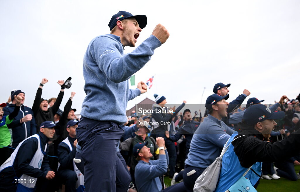 6 September 2026; Connor Graham of Great Britain and Ireland reacts as his side wins The Walker Cup on day two of the 51st Walker Cup at Lahinch Golf Club in Lahinch, Clare. Photo by Ramsey Cardy/Sportsfile