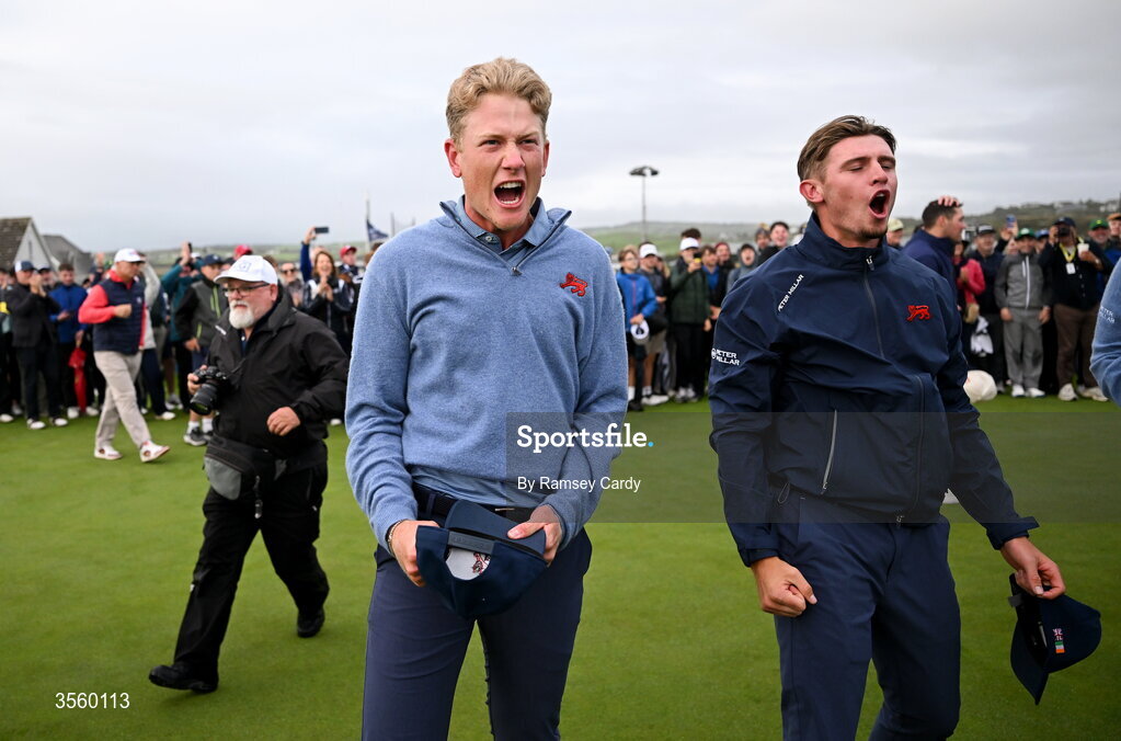 6 September 2026; Luke Poulter of Great Britain and Ireland celebrates winning The Walker Cup on day two of the 51st Walker Cup at Lahinch Golf Club in Lahinch, Clare. Photo by Ramsey Cardy/Sportsfile